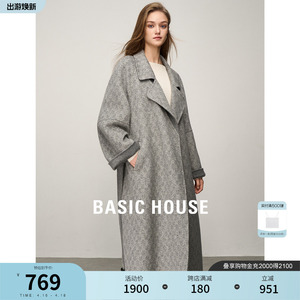 Basic House/百家好长款毛呢外套2023冬季新款花纹设计毛呢大衣女