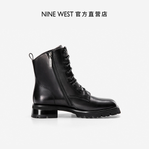 Nine West/玖熙2022年秋冬新款马丁靴女方头短靴牛皮拉链中跟靴子