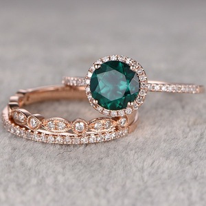 kaivy新品玫瑰金色微镶绿宝石三件套戒指女士欧美订婚饰品