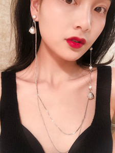 韩国一体式连体女项链耳环气质双耳洞网红女长款珍珠个性冷淡耳坠