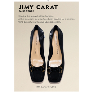 JIMY CARAT真皮黑色金属搭扣方头粗跟单鞋法式可踩跟两穿高跟鞋女