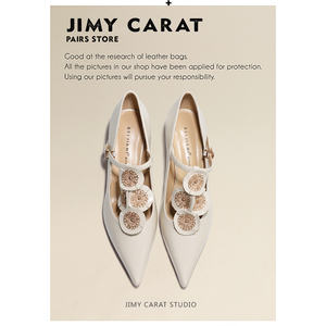 JIMY CARAT真皮米色鎏金浮萍珠光尖头细跟单鞋一字带设计感高跟鞋