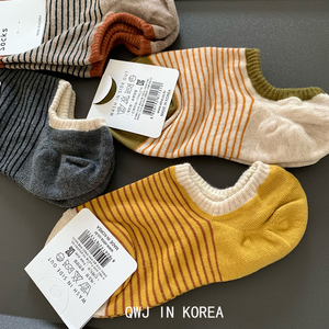 韩国进口橄榄绿黄色条纹脚踝短袜春夏女式防滑袜子百搭船袜棉袜