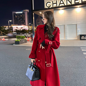红色双面羊绒大衣女中长款2024年秋冬新款高端韩版宽松羊毛呢外套