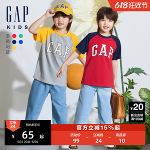 Gap男女童2024夏季新款纯棉logo撞色插肩短袖T恤儿童装运动上衣