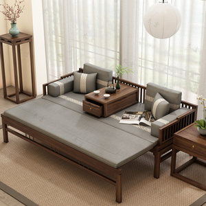 实木罗汉床老新中式现代沙发榆木客厅小户型抽拉伸缩简约推拉榻椅