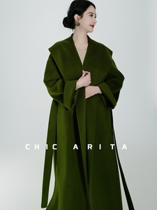 CHIC ARITA“伦敦街头”烂漫复古绿大翻领双面羊绒大衣女毛呢外套