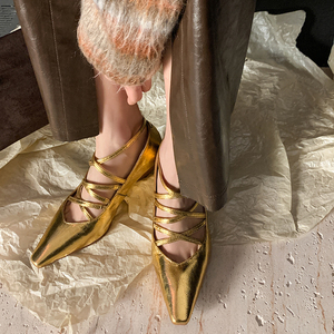 金色单鞋女坡跟中跟羊皮2024爆款设计感时尚小众交叉绑带玛丽珍鞋