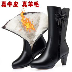 冬季羊毛棉靴女式中筒靴真皮靴子中跟细跟女鞋蝴蝶结短靴妈妈皮鞋
