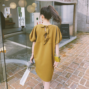 姜黄色T恤连衣裙女夏季2024新款小个子基础款显瘦后背蝴蝶结裙子