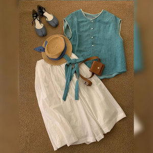 夏装搭配一整套蓝色无袖小衫上衣半身裙子今年流行的漂亮套装女款