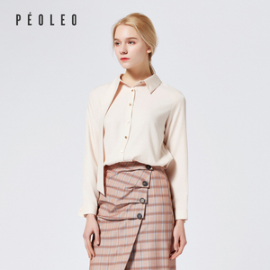 Peoleo飘蕾2019春装新款时尚长袖衬衫女修身纯色衬衣显