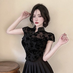 夏季黑色网纱短袖T恤女修身短款复古中式国风改良旗袍上衣小个子