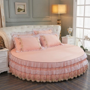 纯棉圆床床裙单件全棉蕾丝双层花边圆形床罩四件套韩式公主风床单