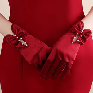红色手套新娘结婚丝缎面时尚高级感配饰婚纱礼服舞会影楼拍照道具