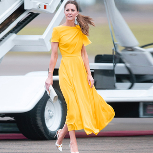 凯特王妃明星同款礼服2023年春夏新款优雅蝴蝶结女神范黄色连衣裙