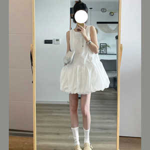 2024年夏季新款韩系白色短裙花苞连衣裙女显瘦无袖背心裙小个子