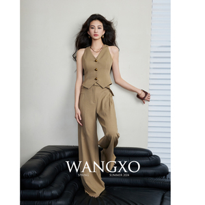 WANGXO｜时髦知识分子风｜V领收腰马甲&高腰阔腿裤含腰带两件套装
