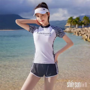 夏艳泳衣女新款分体运动平角裤短袖遮肚显瘦学生少女温泉沙滩泳装