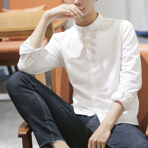 白衬衫打底男长袖韩版青少年学生修身内搭纯棉小领亚麻衬衣寸衫潮