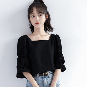 韩国2024夏季新款短袖黑色衬衫女夏设计感法式锁骨方领泡泡袖上衣