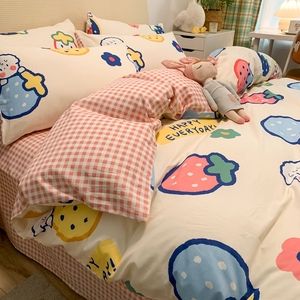 北欧ins纯棉四件套100全棉卡通被套床单可爱女孩草莓被罩床上用品