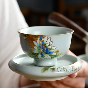 台湾省汝窑陶瓷茶具日式陶瓷茶杯家用品茗杯水杯中式古典盖碗公杯