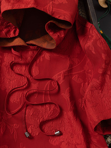 春季新款 红色牡丹连帽 气质中式国风牡丹连帽桑蚕丝连衣裙