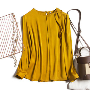 小众设计感姜黄色复古法式气质真丝上衣女圆领单边荷叶边长袖衬衫