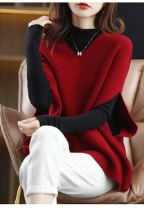 V领套头纯色100纯羊毛衫蝙蝠袖马甲网红爆款酒红色高级感针织毛衣