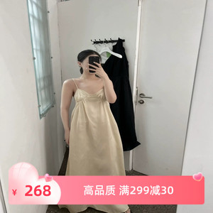 花一【娜扎同款】23ss新高级贝壳胸部抽皱铜氨丝人丝吊带连衣裙女