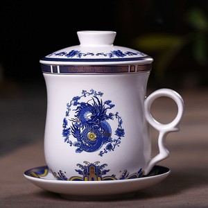 景德镇陶瓷茶杯带盖过滤水杯四件套陶瓷泡茶杯茶具办公会议个人杯
