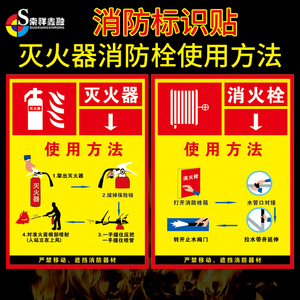 灭火器提示牌消火栓使用方法说明工厂验厂标识贴纸定制安全警示警告标志指示防火门手动报警按钮提示贴标识贴