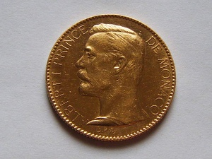 AU UNC好品相摩纳哥1891年阿尔贝一世100法郎大金币 32.25克900金