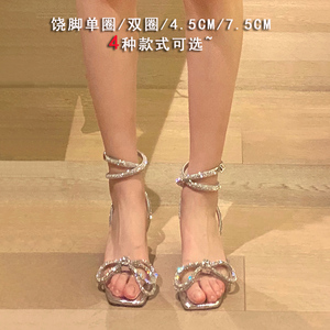 水钻蝴蝶结透明凉鞋女24年新款夏网红一字带粗跟高跟鞋设计感小众