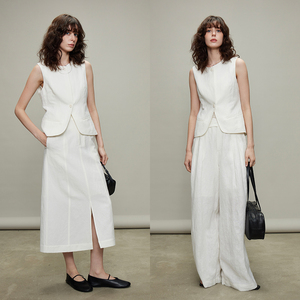 3ONE高级ROW风度假简约廓型天然100亚麻马甲西装背心白色半裙套装