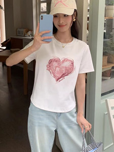 伊歌莉3605短款高腰小个子圆领爱心印花图案短袖T恤灰白色韩版女