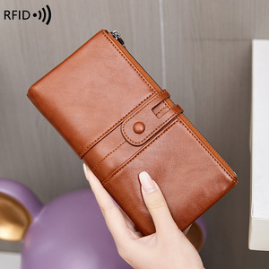 防盗刷钱包2024新款RFID防磁钱夹欧美油蜡皮手拿包多功能女士长款