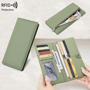 跨境新款RFID防盗刷女士钱包PU纯色超薄信用卡包拉链搭扣长款钱包