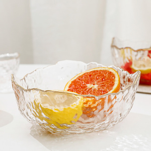 沙拉碗家用创意锤纹金边玻璃碗ins风日式餐具套装透明甜品水果碗