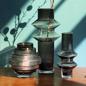 风吟宝塔齿轮花瓶玻璃条纹水培摆件复古客厅茶几插花器桌面样板间