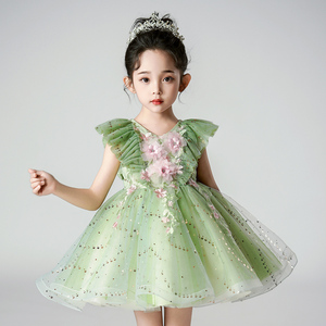 女童礼服2024新款超蓬网纱公主裙绿色中大童连衣裙六一儿童表演服