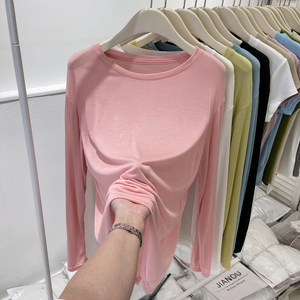 粉色面膜长袖t恤女宽松套头圆领薄款空调天丝防晒衣罩衫冰丝上衣