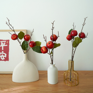 3头苹果枝仿真花苹果装饰水果客厅餐桌假花果实摆件树枝摆设插花