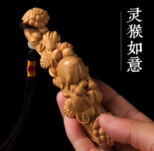 黄杨木雕工艺品文玩小雕件随身把玩件实木雕刻挂件生肖猴子如意