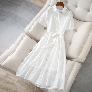 白色雪纺连衣裙女2024夏季新款小清新超好看收腰显瘦衬衫领裙子仙