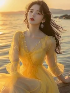 黄色雪纺连衣裙春夏女2024年新款沙滩裙女海边度假超仙法式长裙子