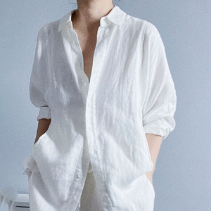 【现货】法式白色翻领苎麻棉麻防晒衬衫女夏季薄款衬衣亚麻上衣潮