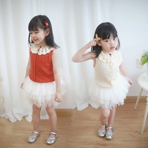 现货！女童夏季红色镂空针织背心马甲米白色薄款上衣周岁生日礼服