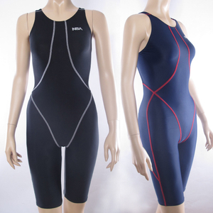 正品NSA专业泳衣女连体中腿平角保守游泳衣修身显瘦训练运动比赛L